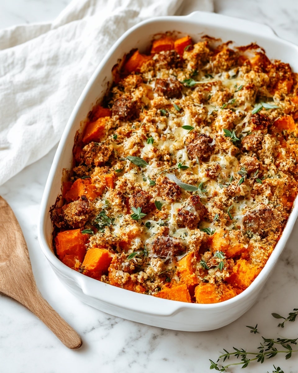 The image shows a white baking dish filled with a baked casserole. The bottom layer consists of bright orange sweet potato cubes. On top of that, there are small browned meatballs spread evenly across the dish. The entire casserole is covered with a golden-brown, crispy breadcrumb topping sprinkled with fresh green herb leaves, likely thyme. The baking dish is placed on a white marbled surface with some fresh herbs nearby and a wooden spoon partially visible in the corner. photo taken with an iphone --ar 4:5 --v 7