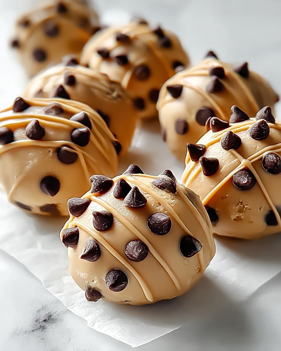 The image shows several small, round dessert balls coated in a smooth, light brown layer that looks creamy and slightly shiny. Each ball is decorated with dark brown chocolate chips spread all over the surface, adding a textured look with their pointed shapes. Thin lines of the same light brown coating are drizzled on top in an irregular pattern. These dessert balls are placed closely together on white parchment paper, which lies on a white marbled surface that adds a clean and bright background. Photo taken with an iphone --ar 4:5 --v 7