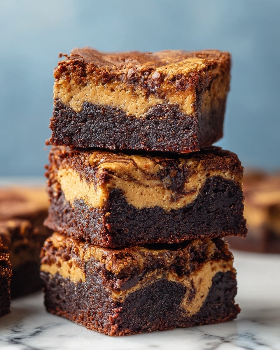 Three thick square brownie pieces are stacked on top of each other against a blurred light blue background. Each brownie has two main layers: a dark, moist chocolate base on the bottom and a creamy, light brown peanut butter swirl layer on the top. The top surface of the brownies shows a marbled mix of chocolate and peanut butter in a cracked, crumbly texture. The brownies rest on a white marbled surface with small crumbs scattered around. photo taken with an iphone --ar 4:5 --v 7