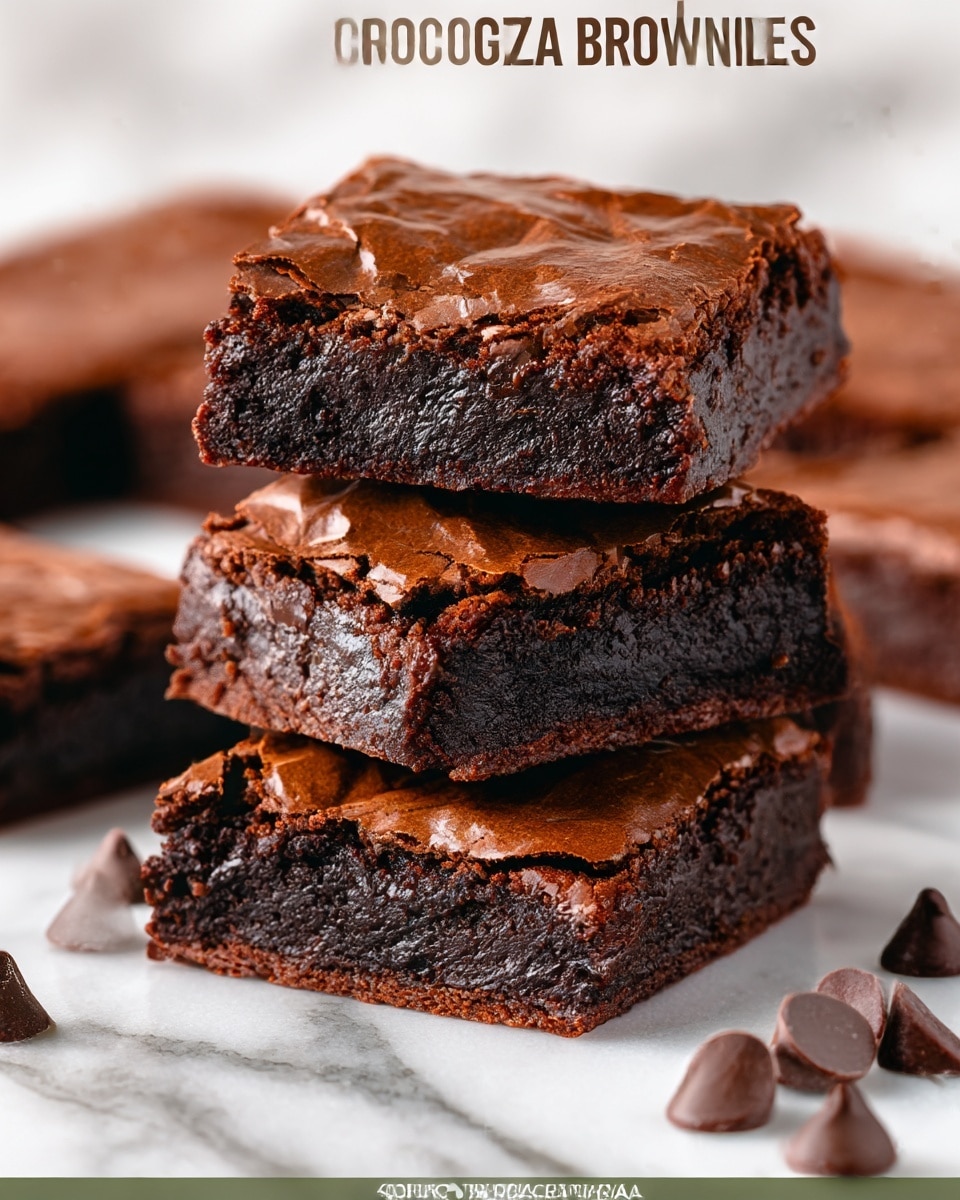The image shows several thick, square brownies stacked in close-up on a white marbled surface. Each brownie has two clear layers: a darker, moist chocolate base layer with a rich, dense texture, and a lighter brown, cracked top layer that looks slightly crispy. The top layer has a shiny, slightly wrinkled finish that contrasts with the soft inside. Some brownies are stacked, showing off their height and soft inside, while others lie flat, emphasizing the smooth top crust. A few chocolate chips are scattered casually around the brownies. The overall look is rich and inviting. photo taken with an iphone --ar 4:5 --v 7