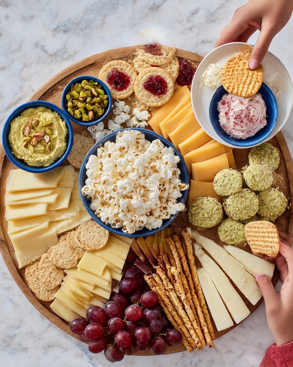 A large round wooden board holds an assortment of snacks arranged in sections. In the center is a small bowl full of white popcorn with light brown spots. Around the bowl, there are two types of sliced cheese in neat fan shapes: one pale yellow and one more orange, placed side by side at the top right and bottom left. Near the top left, there is a small blue bowl with green hummus topped with pistachios. Next to it, there are round shortbread cookies with red jam centers and a dusting of powdered sugar. To the right, another small blue bowl holds a pink cream with dried red fruit pieces. Beside that, pale green cookies with sprinkled pistachios lie near the edge. Below the cookies, some sesame-covered sticks are placed in a pile. Near the bottom right, slices of smooth white cheese are fanned out. At the bottom left, clusters of dark red grapes fill a section, extending slightly up and right on the board. Several round waffle crackers are placed near the grapes, with one held by a woman's hand topped with two slices of cheese. Another woman's hand holds a white plate that has cheese slices on a waffle cracker and grapes. The whole scene is set on a white marbled surface, with a blue cloth partially visible at the edges. Photo taken with an iphone --ar 4:5 --v 7