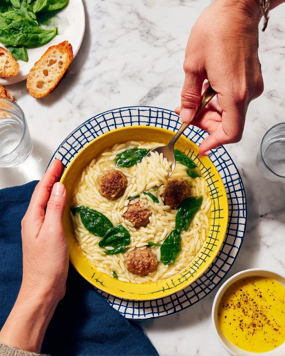 A yellow bowl with a patterned edge holds a clear broth with small, pale orzo pasta and six browned meatballs scattered on top, along with four bright green spinach leaves floating among the pasta. One side of the bowl is held by a woman's hand, while the other woman's hand holds a spoon lifting some orzo from the soup. The bowl sits on a white plate with a navy blue grid pattern, all placed on a white marbled surface. Around the bowl, there are a few pieces of toasted bread, a small white plate with fresh spinach leaves, a small white bowl of yellow soup garnished with black pepper and herbs, and a clear glass of water. A dark blue cloth napkin is under the bowl. photo taken with an iphone --ar 4:5 --v 7