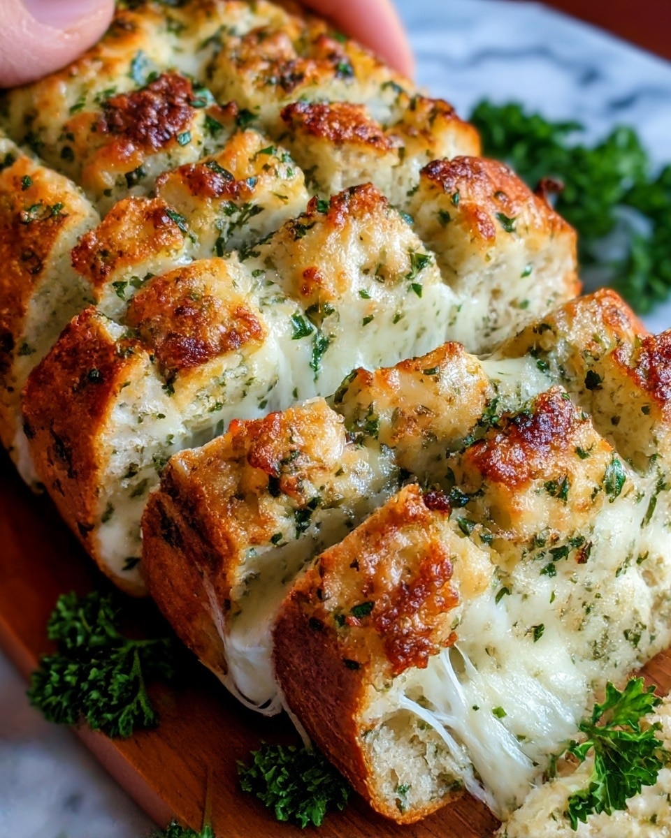 A close-up view of a loaf of cheesy garlic bread, sliced thickly and filled with melted white cheese that stretches slightly between each slice. The bread has a golden brown crust, topped with bits of green parsley and browned garlic pieces, creating a textured, crispy look. The cheese inside looks soft and gooey, and the bread's inside appears soft and well baked. The loaf rests on a wooden board with some parsley placed around it, all set on a white marbled surface. photo taken with an iphone --ar 4:5 --v 7