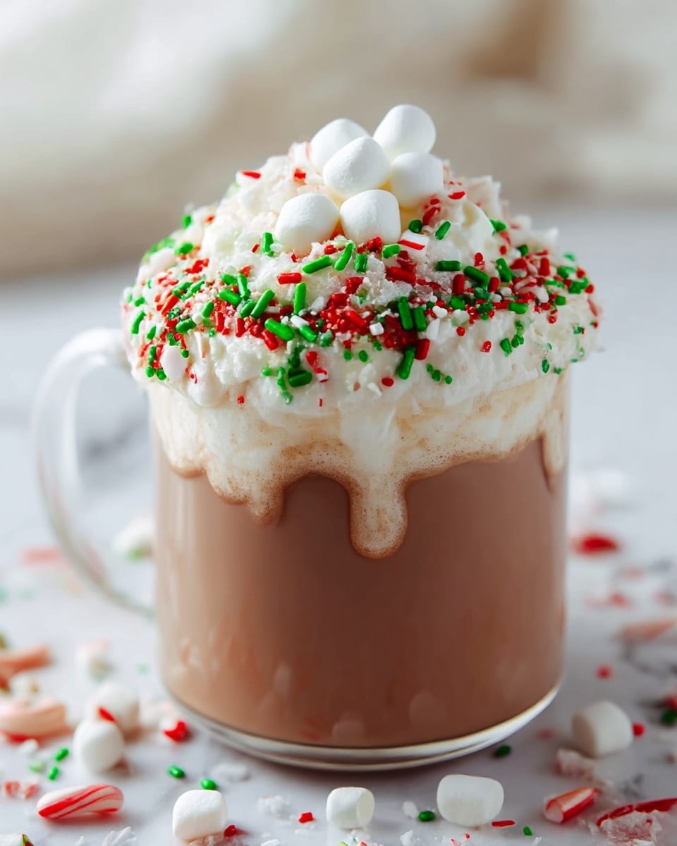 A clear glass mug filled with smooth light brown hot chocolate forms the bottom layer, topped by a thick layer of white whipped cream with a slightly melting texture around the edges. On top of the cream is a colorful mix of red, white, and green sprinkles, including small round and longer rod shapes, alongside crushed peppermint pieces. The very top layer is a small pile of soft white mini marshmallows. The mug sits on a white marbled surface scattered with extra sprinkles and broken peppermint pieces, with a soft blurred background. photo taken with an iphone --ar 4:5 --v 7