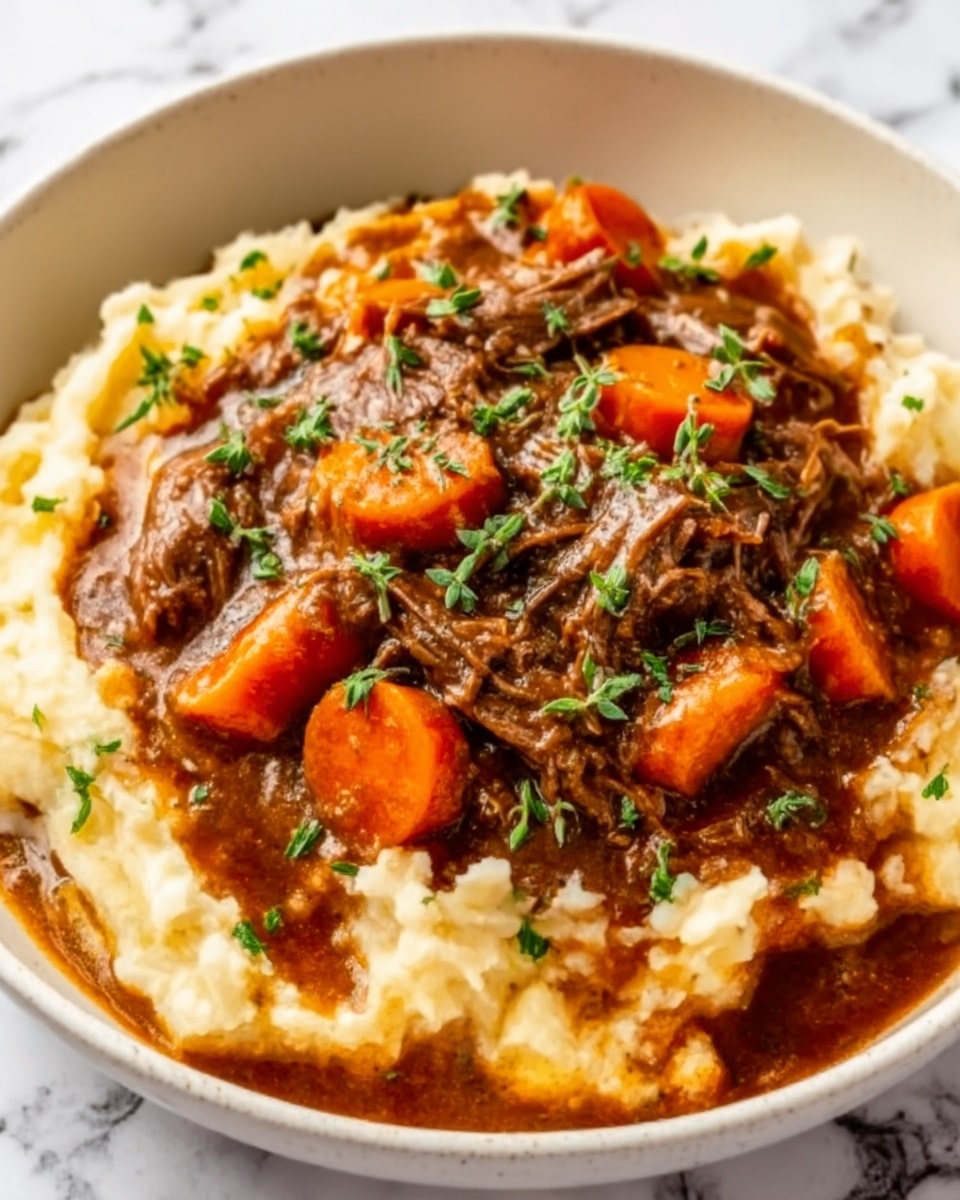 A close-up image of a bowl filled with creamy mashed potatoes forming the base layer, topped with a rich brown stew of shredded beef and thick gravy. Bright orange carrot slices are scattered throughout the beef layer, adding a pop of color. The dish is garnished with small green herb leaves on top, enhancing the visual texture. The bowl is white and sits on a white marbled surface. photo taken with an iphone --ar 4:5 --v 7