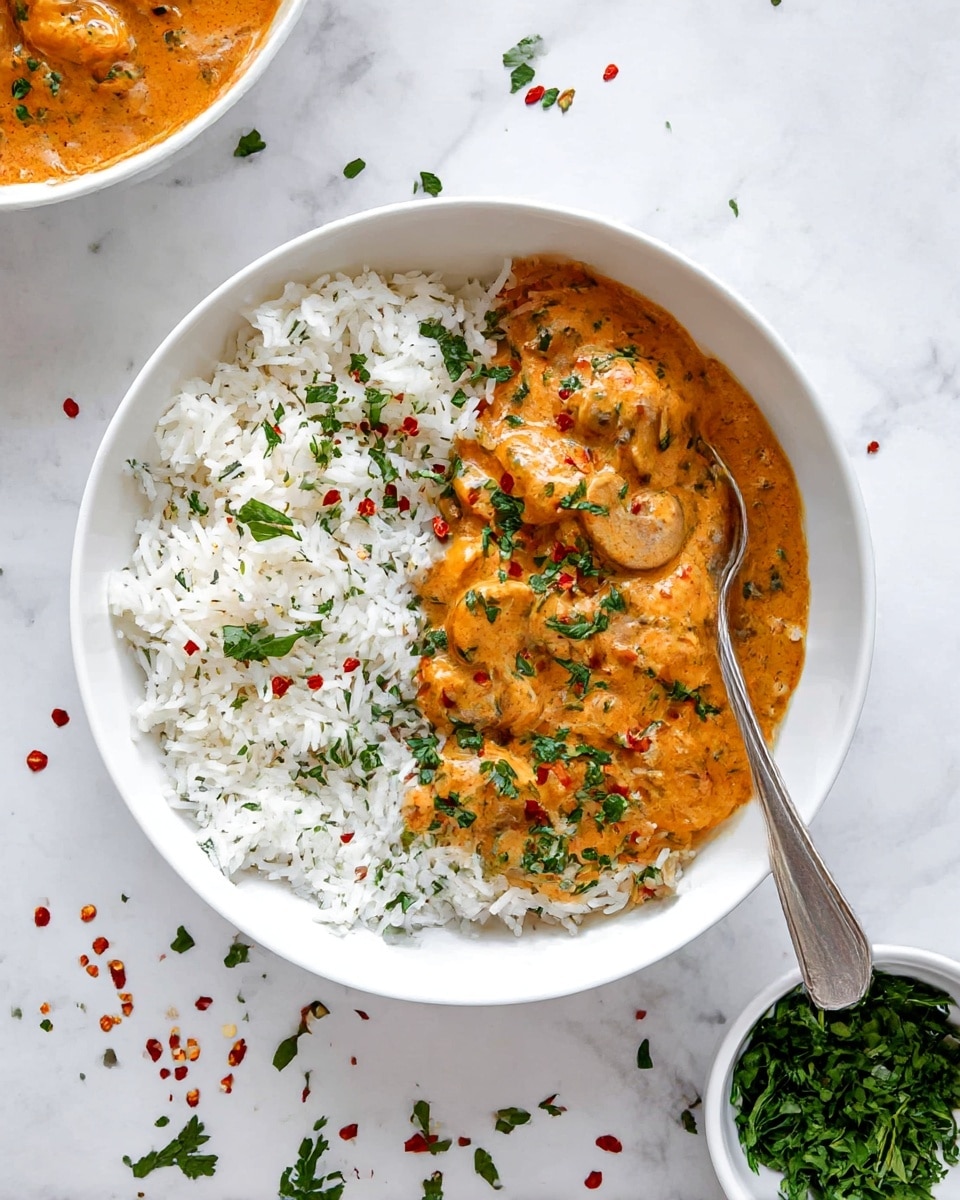 A white bowl filled halfway with fluffy white rice speckled with small bits of green herbs and red chili flakes, topped on one side with thick, creamy orange curry containing tender-looking pieces of chicken and mushrooms, garnished with scattered fresh chopped green cilantro and red chili flakes; a silver spoon rests on the edge of the bowl, partly submerged in the curry; the bowl sits on a white marbled surface with some loose green herbs and red chili flakes sprinkled around, and a small white bowl filled with more chopped green herbs is partially visible nearby. photo taken with an iphone --ar 4:5 --v 7
