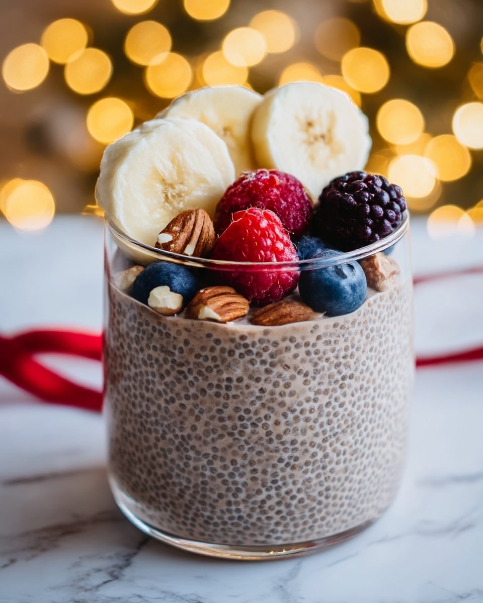 A clear glass cup filled with a thick, light brown chia pudding layer showing tiny chia seeds spread evenly throughout. On top, it is decorated with three pale yellow banana slices leaning against the rim, two bright red raspberries, one dark purple blackberry, and two deep blue blueberries. There are also small pieces of light brown mixed nuts scattered among the berries. The cup is placed on a surface with a white marbled texture and blurred warm yellow bokeh lights in the background with hints of red ribbon. Photo taken with an iphone --ar 4:5 --v 7
