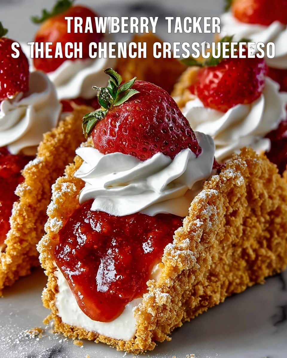 The image shows three crunchy taco shells coated in golden crumbs and filled with creamy white cheesecake. Each taco is layered inside with bright red strawberry sauce splashed generously across the cheesecake. On top of the cheesecake filling is a swirl of smooth white whipped cream, crowned with a fresh strawberry slice, some whole strawberries sit in the background. The tacos are set against a white marbled surface with a few powdered sugar sprinkles around, adding to the dessert's shiny crumbly texture. photo taken with an iphone --ar 4:5 --v 7