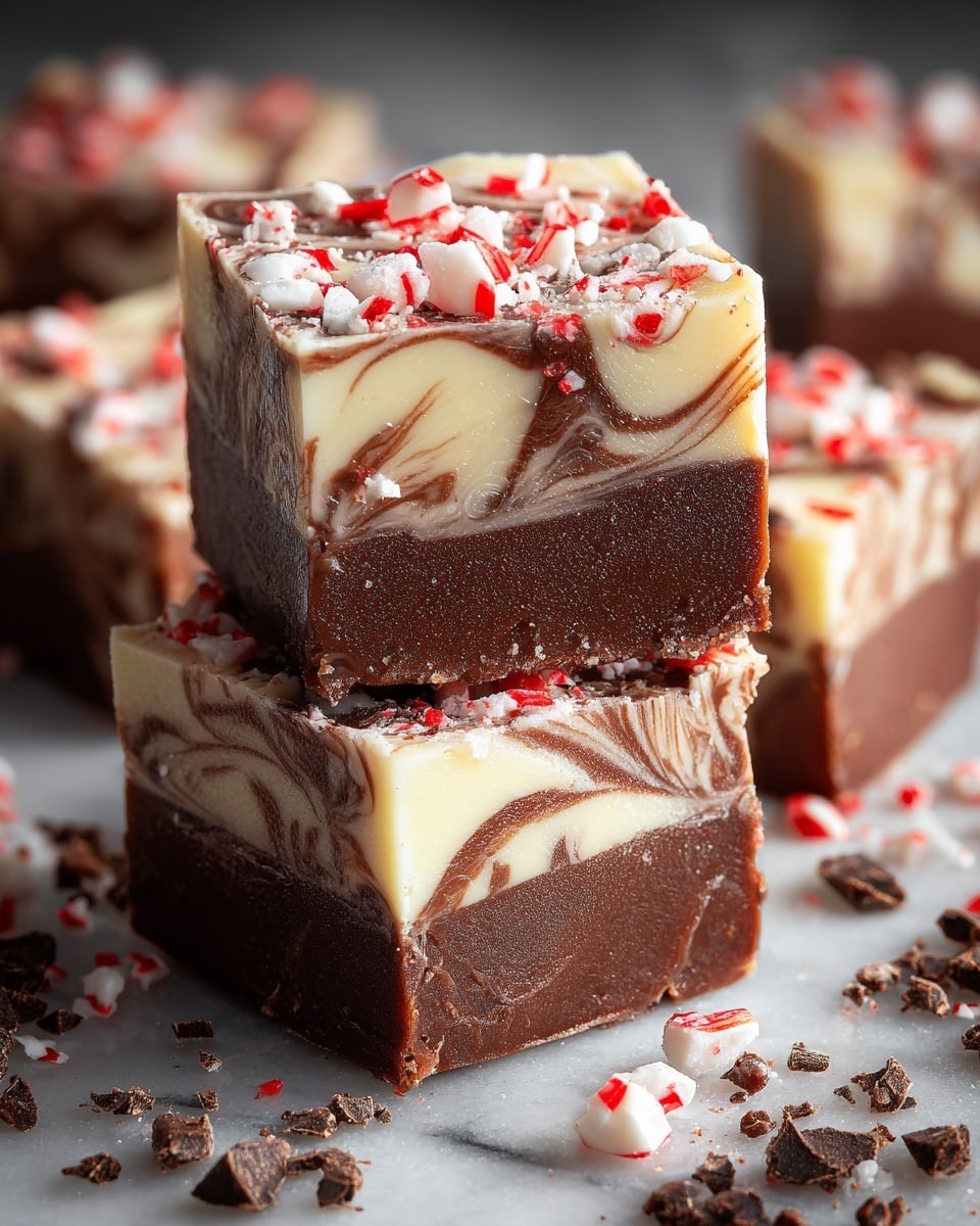 The image shows three square pieces of fudge stacked on top of each other on a white marbled surface. Each piece has two layers: a rich, dark brown chocolate bottom layer and a creamy off-white top layer with a swirled pattern of milk and white chocolate. The top of each piece is sprinkled with small red and white crushed peppermint candy bits, adding texture and color contrast. Scattered peppermint bits and chocolate crumbs surround the fudge, enhancing the festive and rich appearance. Photo taken with an iphone --ar 4:5 --v 7