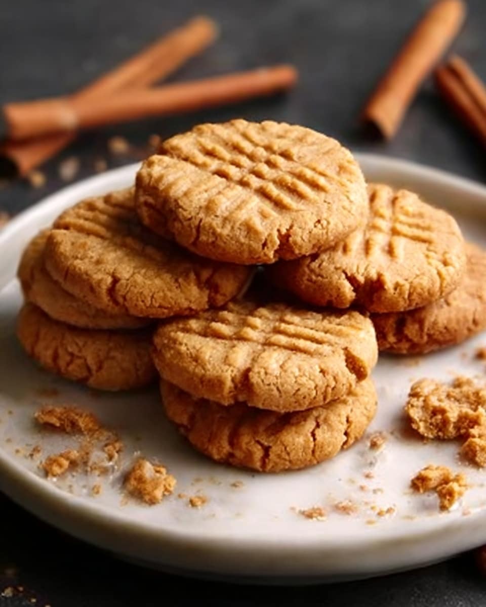 A white plate holds seven golden brown peanut butter cookies stacked in a small pile, each cookie showing a crisscross fork pattern on top. The cookies have a slightly rough texture with crumbly edges and soft centers. Around the plate are a few cinnamon sticks and some scattered cookie crumbs, all resting on a white marbled surface. Photo taken with an iphone --ar 4:5 --v 7