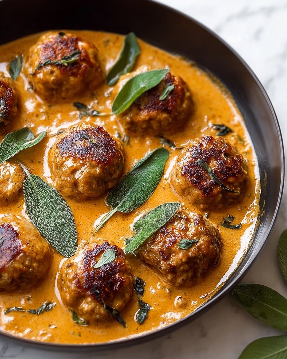 This image shows seven browned meatballs in a light brown sauce with green herbs. The meatballs are round with slightly rough, crispy surfaces, and they sit in a thick, creamy sauce that coats them well. Fresh green sage leaves are placed on and around the meatballs, adding a fresh contrast to the warm colors of the dish. The dish is served in a round black pan set on top of a white marbled surface. photo taken with an iphone --ar 4:5 --v 7