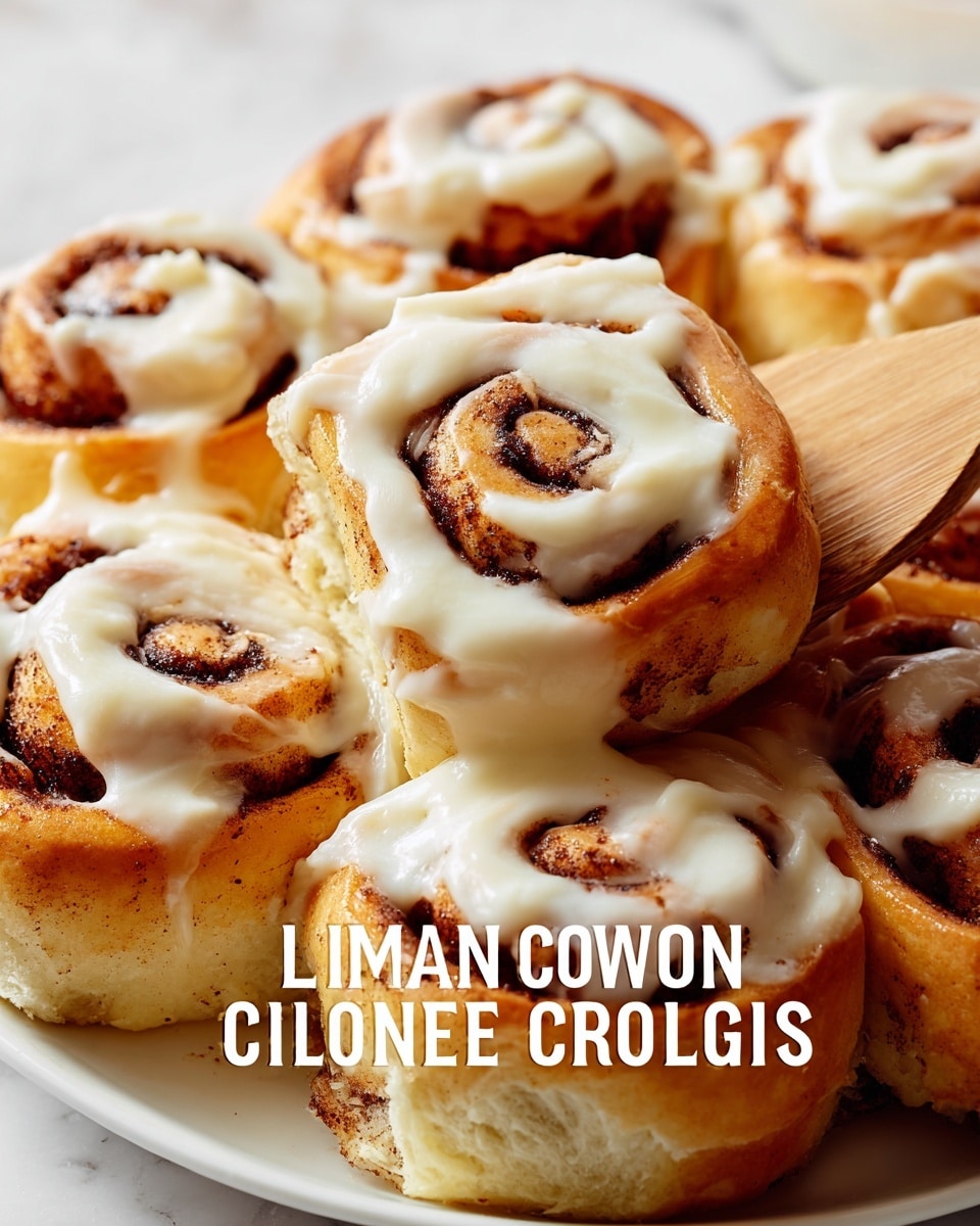 A close-up image of soft, golden-brown cinnamon rolls arranged closely together on a white plate. Each roll has a visible spiral pattern with dark brown cinnamon filling swirled inside the light, fluffy dough. Thick, creamy white frosting is generously spread on top of each roll, melting slightly and dripping down the sides. A wooden spatula lifts one cinnamon roll, showing the gooey texture of the frosting dripping off. The background features a white marbled surface, adding a clean look to the warm, inviting pastry scene. photo taken with an iphone --ar 4:5 --v 7