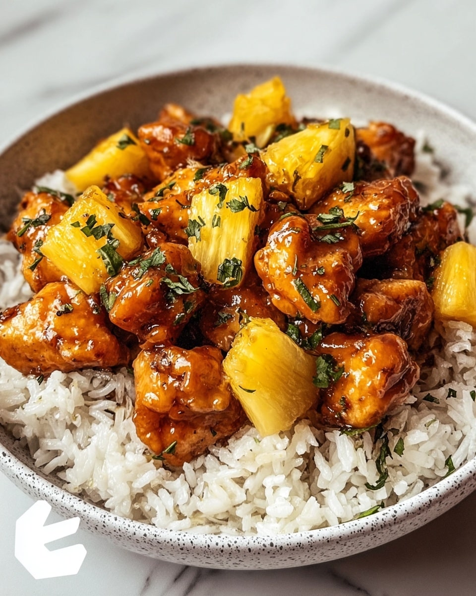 A bowl filled with a base layer of white rice, topped with several chunks of golden-brown glazed chicken pieces that have a shiny, slightly sticky texture. Scattered among the chicken are bright yellow pineapple chunks that appear juicy and fresh. Fresh green herb pieces are sprinkled on top, adding a touch of color and freshness. The bowl itself is white with a speckled design, placed on a white marbled surface. photo taken with an iphone --ar 4:5 --v 7