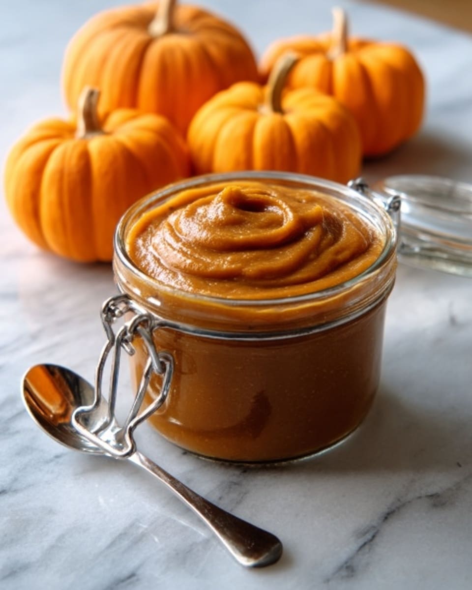 A clear glass jar filled with smooth, thick, dark brown pumpkin puree sits on a white marbled surface. The jar is open, showing the creamy texture with a slight swirl pattern on top. Behind the jar, there are three small bright orange pumpkins arranged in a triangle shape. A silver spoon lies flat on the surface near the jar. The background is softly lit, giving a cozy look. photo taken with an iphone --ar 4:5 --v 7