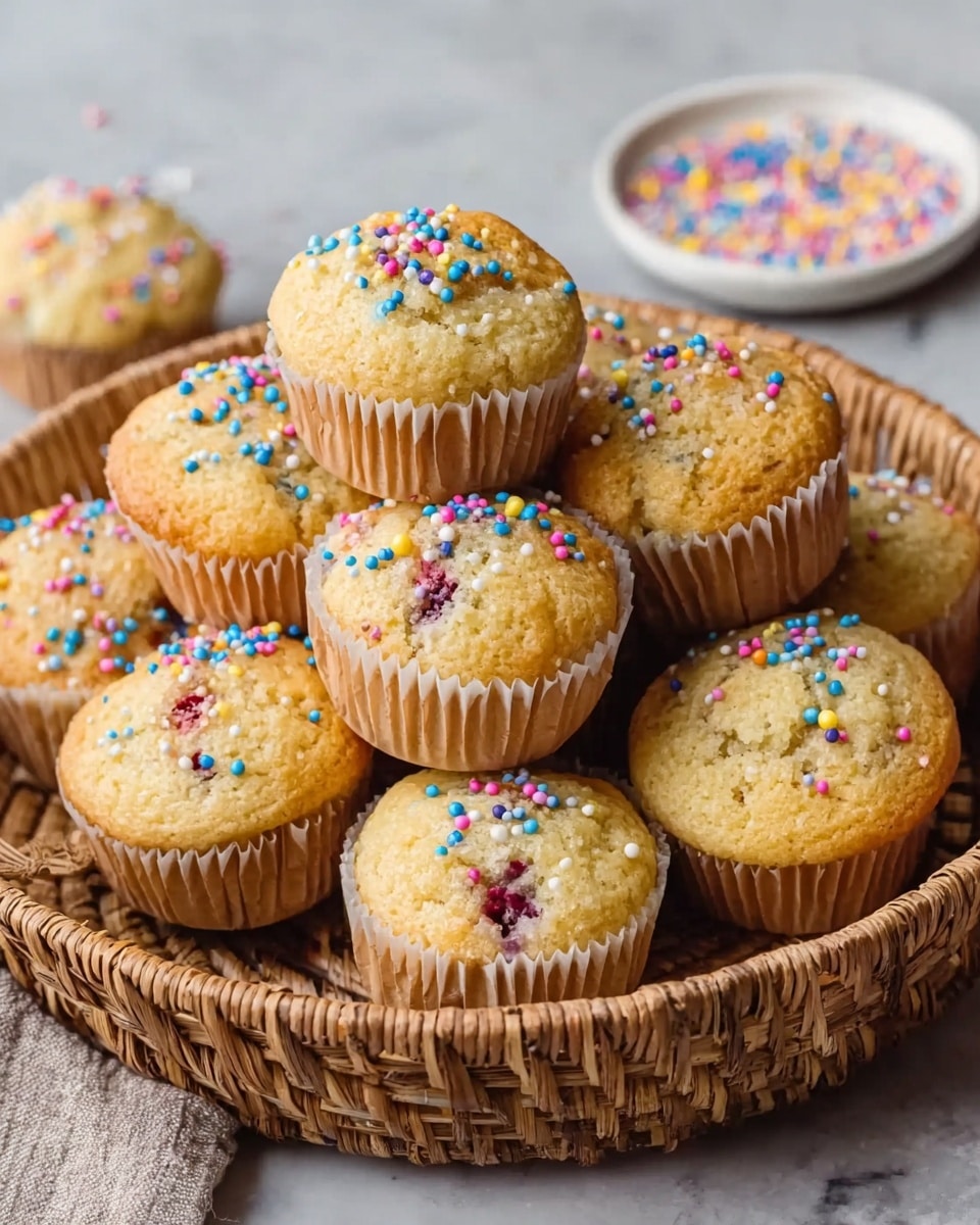 A close-up view of a pile of light golden muffins in white paper liners arranged in two layers on a woven basket, each muffin topped with colorful round and rod-shaped sprinkles in pink, blue, yellow, and white. The muffins have a slightly cracked dome with hints of fruit or berry bits inside. Around the basket, there are scattered sprinkles adding a playful touch. In the background, a small white bowl filled with the same sprinkles sits on a rustic wooden surface, with a blue and white checkered cloth partially visible at the bottom right corner. The scene is set on a white marbled texture. photo taken with an iphone --ar 4:5 --v 7