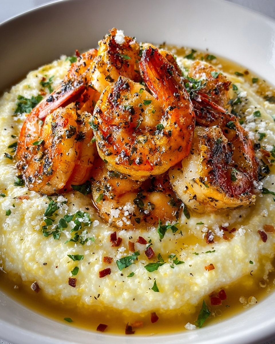 A white bowl holds a creamy pale yellow bed of grits with a soft, slightly textured surface, appearing rich and smooth. On top, there are several large, golden-orange shrimp, cooked with a slight char and speckled with black pepper and herbs, creating a crispy texture. The shrimp are scattered with finely chopped green parsley and small bits of reddish seasoning, adding color contrast. The dish is surrounded by a thin layer of light brown buttery sauce that pools gently in the bowl. photo taken with an iphone --ar 4:5 --v 7