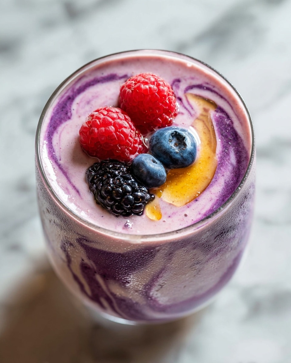 A glass filled with a purple and light pink swirled smoothie showing a creamy texture, topped with fresh berries on the surface, including two bright red raspberries, two deep blue blueberries, and one dark purple blackberry. The smoothie shows tiny water droplets on the outside of the clear glass. A drizzle of golden honey sits in the center of the berry arrangement, adding a shiny touch. The glass is placed on a white marbled surface with soft light coming from the top left side. Photo taken with an iphone --ar 4:5 --v 7