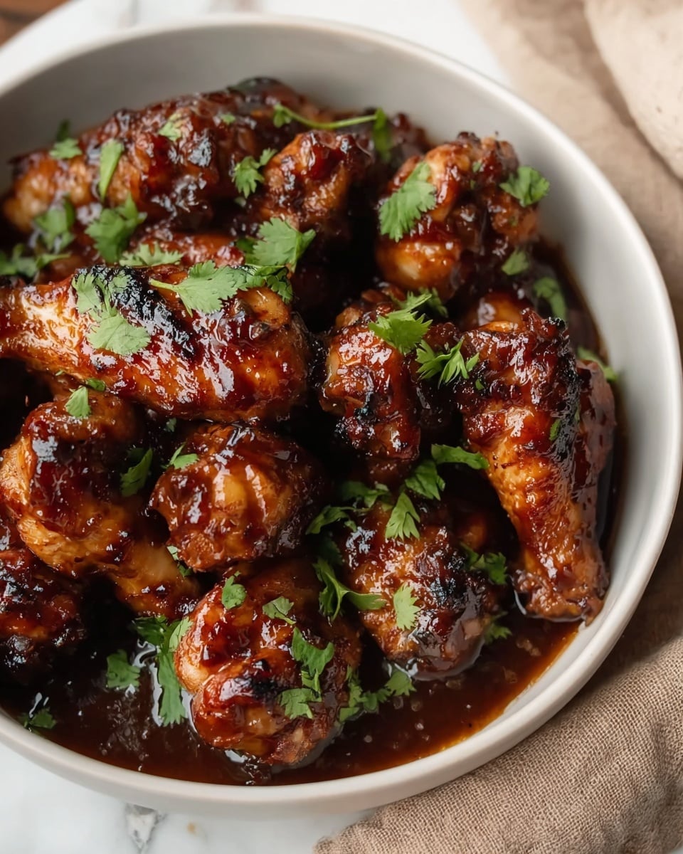 A close-up of a white bowl filled with around thirteen glossy glazed chicken wings coated in a dark brown sauce, some wings showing slight charring and texture, garnished with fresh green cilantro leaves scattered on top. The bowl is placed on a white marbled surface with a beige cloth visible at the top right corner. The rich sauce pools at the bottom, showing a shiny and thick consistency. photo taken with an iphone --ar 4:5 --v 7