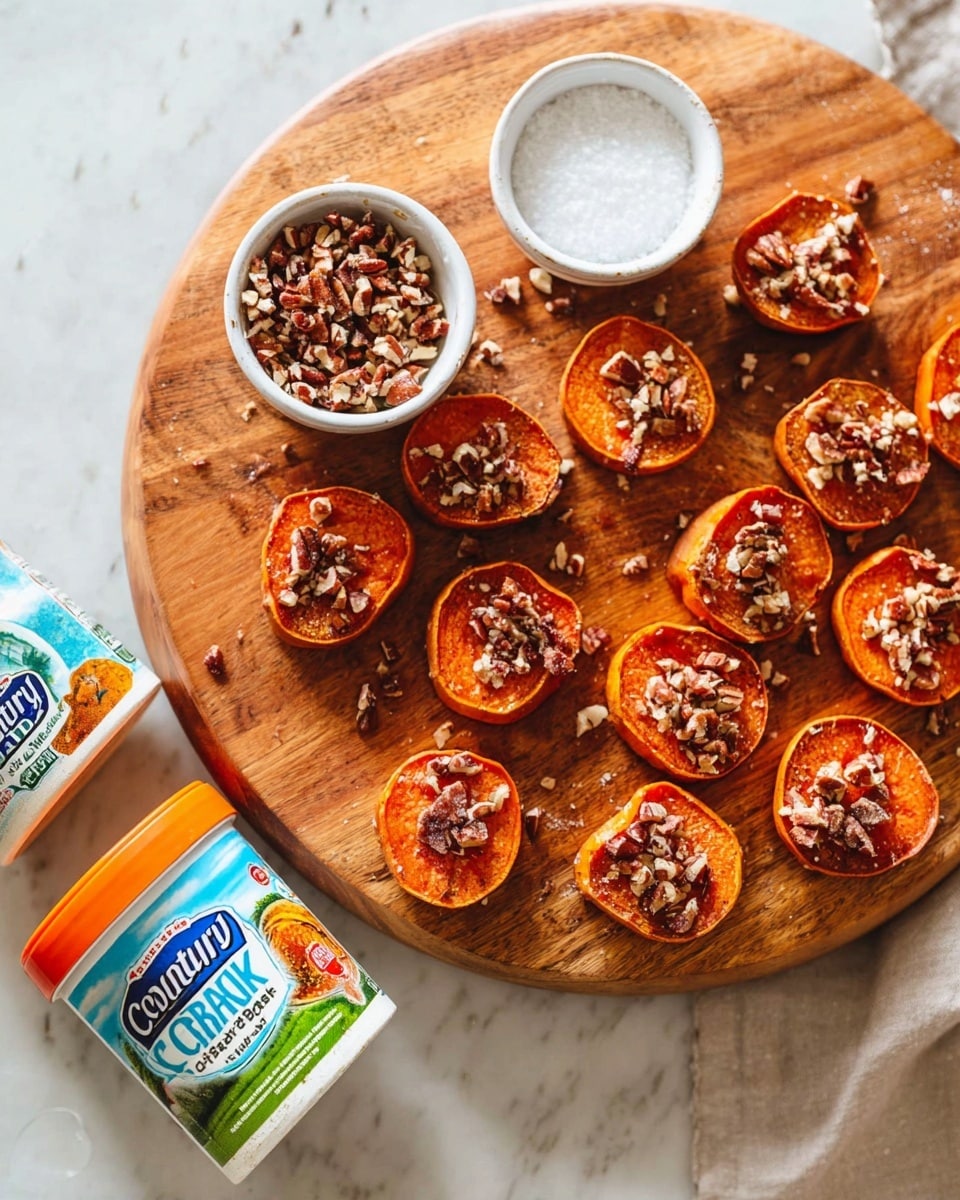 A round dark wooden board holds many round, orange roasted sweet potato slices with a slightly charred texture on top, each layered with a sprinkle of chopped pecans adding a crunchy texture and a mix of light brown colors. A white bowl filled with more chopped pecans sits near the center of the board, and beside it is a smaller white bowl with white coarse salt. Around the board are a rectangular tub of Country Crock butter and a small clear bowl with brown cinnamon powder. The background is a white marbled texture. photo taken with an iphone --ar 4:5 --v 7
