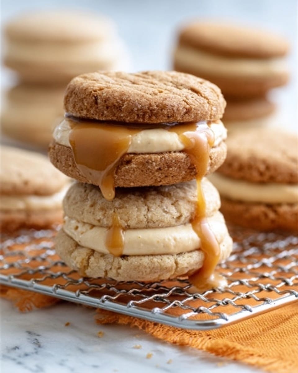 A stack of three cookies filled with thick caramel cream is shown on a silver wire rack. The top cookie is a cracked and slightly rough light brown biscuit, the middle layer is light cream-colored caramel cream slowly dripping down the sides, and the bottom cookie is a lighter beige biscuit with a smooth surface. In the background, more cookie stacks are slightly blurred, all placed on a white marbled surface with a small part of an orange cloth visible at the bottom. photo taken with an iphone --ar 4:5 --v 7
