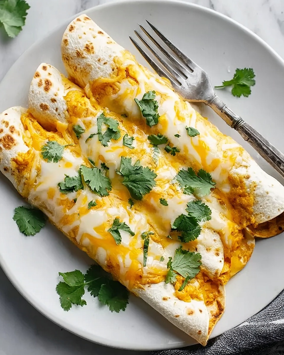 The image shows three rolled tortillas placed side by side on a white plate, each filled with a visible mixture of ingredients inside. The tortillas are topped with a thick layer of melted cheese that has patches of yellow and white, covering the rolls fully. On top of the cheese, several fresh coriander leaves are scattered for garnish. The plate sits on a white marbled surface, and in the upper left corner, part of a fork and a knife are visible. Photo taken with an iphone --ar 4:5 --v 7