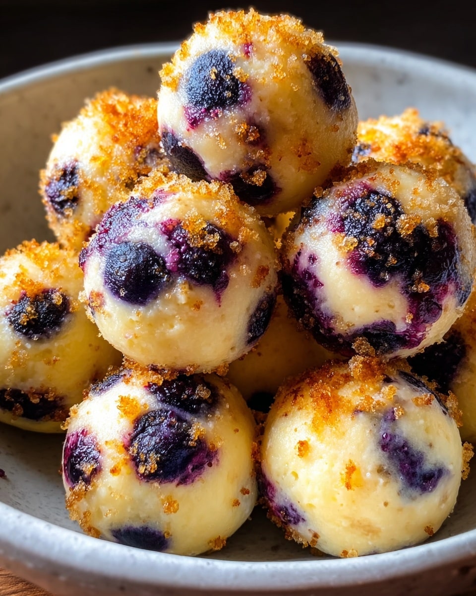 The image shows a close-up of round blueberry dessert balls piled in a white bowl. Each ball is creamy yellow with dark purple blueberries embedded inside and scattered on the surface. The balls have a slightly browned, crispy top layer with tiny granules of crumb-like texture visible, adding a crunchy contrast. The bowl's edge is slightly visible, and the background is a white marbled texture. photo taken with an iphone --ar 4:5 --v 7