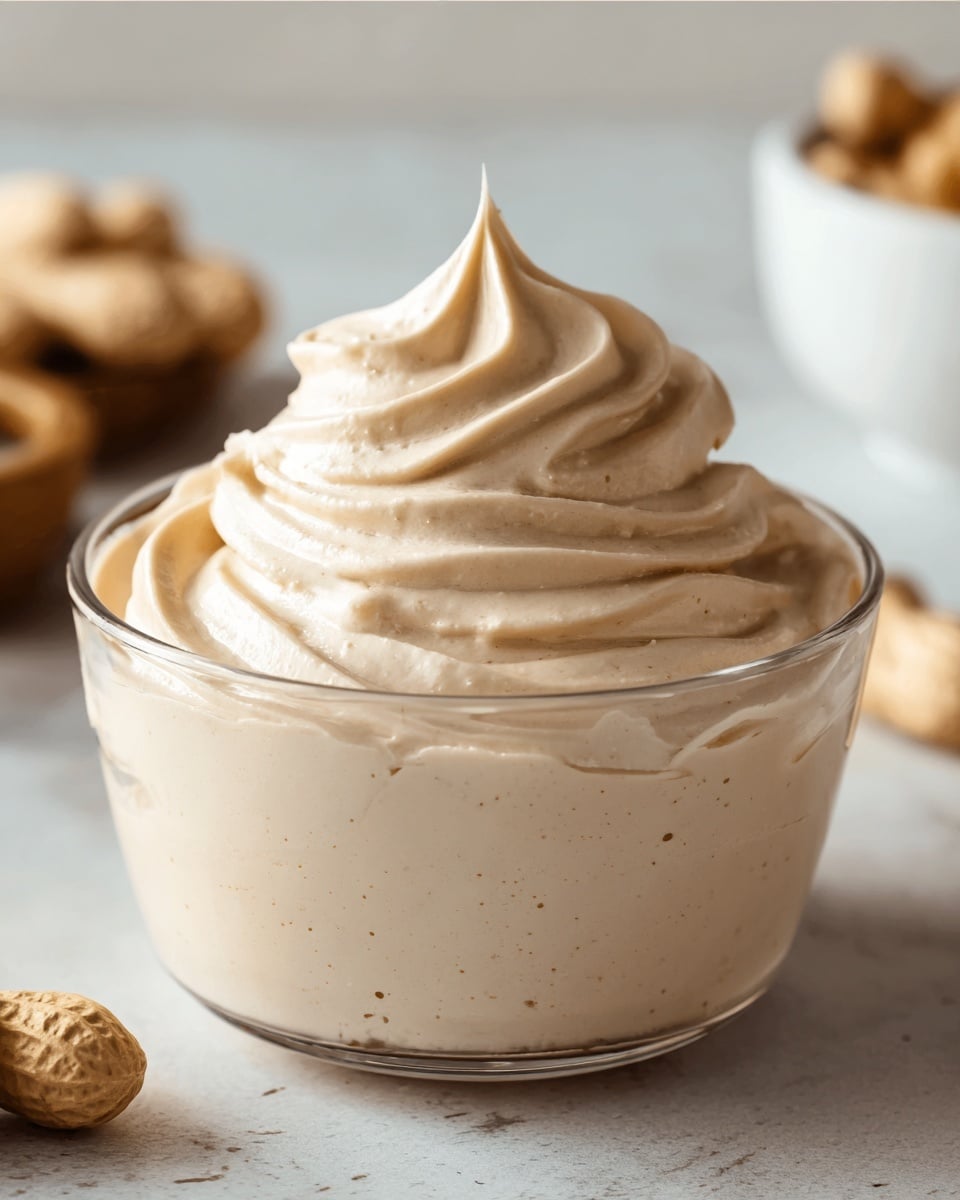 A clear glass bowl filled with a thick, creamy beige mousse that has a smooth texture with small air pockets visible throughout. On top, there is a single large swirl of the same mousse, creating a soft peak with gentle ridges. The mousse looks light and fluffy, sitting against a white marbled surface. In the background on the right side, a white bowl and a halved peanut shell are slightly out of focus. Photo taken with an iphone --ar 4:5 --v 7