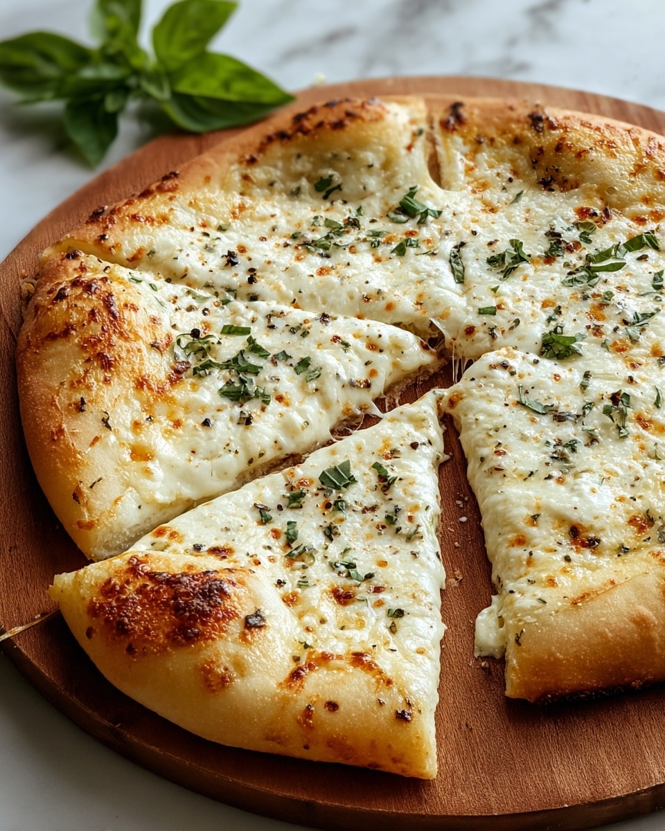 A whole white pizza cut into six slices is shown on a round wooden board. The pizza has a thick golden-brown crust with a soft texture. The top layer is creamy white melted cheese with browned spots from baking, sprinkled evenly with small green herb leaves and black pepper flakes. One slice is slightly pulled out from the pizza, showing the stretchy texture of the cheese. Fresh green basil leaves are placed in the blurred background on a white marbled surface. photo taken with an iphone --ar 4:5 --v 7