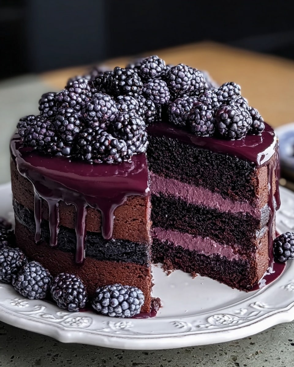 The image shows a two-layer chocolate cake with a dark, shiny purple glaze covering the top and sides, dripping slightly over the edges. Between the two layers is a thick middle filling of smooth, deep purple cream. On top of the cake, there is a pile of fresh blackberries, adding texture and color contrast. The cake sits on a white plate with decorative edges. The plate is placed on a white marbled surface. photo taken with an iphone --ar 4:5 --v 7