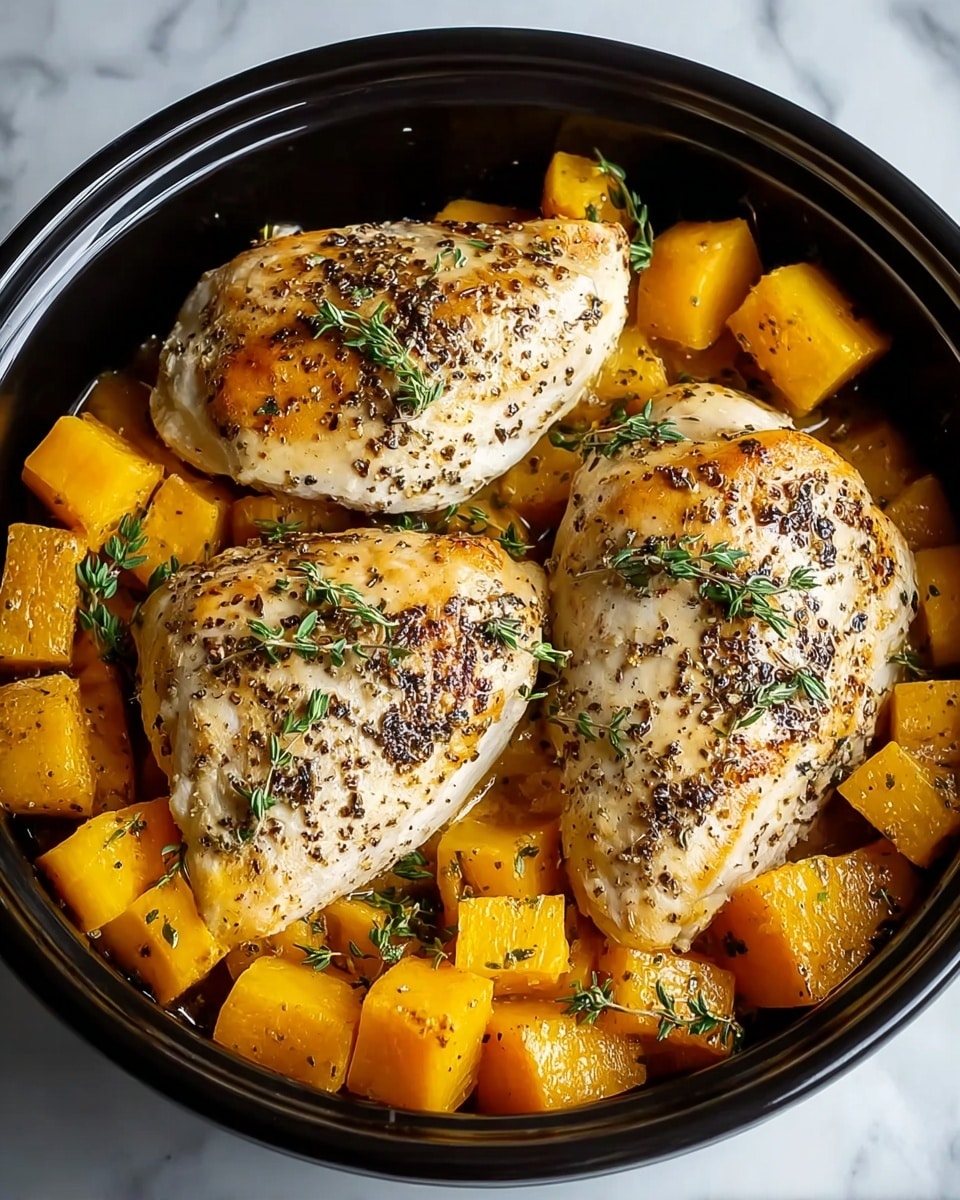 In a round black pot, there are three golden-browned chicken breasts placed in the center arranged side by side, each seasoned with black pepper and garnished with small sprigs of green thyme. Surrounding the chicken are large, bright orange roasted cubes of butternut squash with slightly charred edges, sitting in a shallow layer of light broth that adds a shiny texture. The pot is set on a white marbled texture surface. photo taken with an iphone --ar 4:5 --v 7