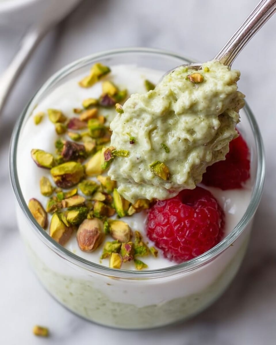 A glass bowl filled with a creamy white layer topped evenly with chopped green pistachios and a single bright red raspberry placed near the center; a silver spoon scoops a green textured mixture from the top left layer, showing a mix of small grains and creamy consistency. The bowl sits on a white marbled surface with part of a small white bowl of pistachios visible at the bottom left corner. photo taken with an iphone --ar 4:5 --v 7
