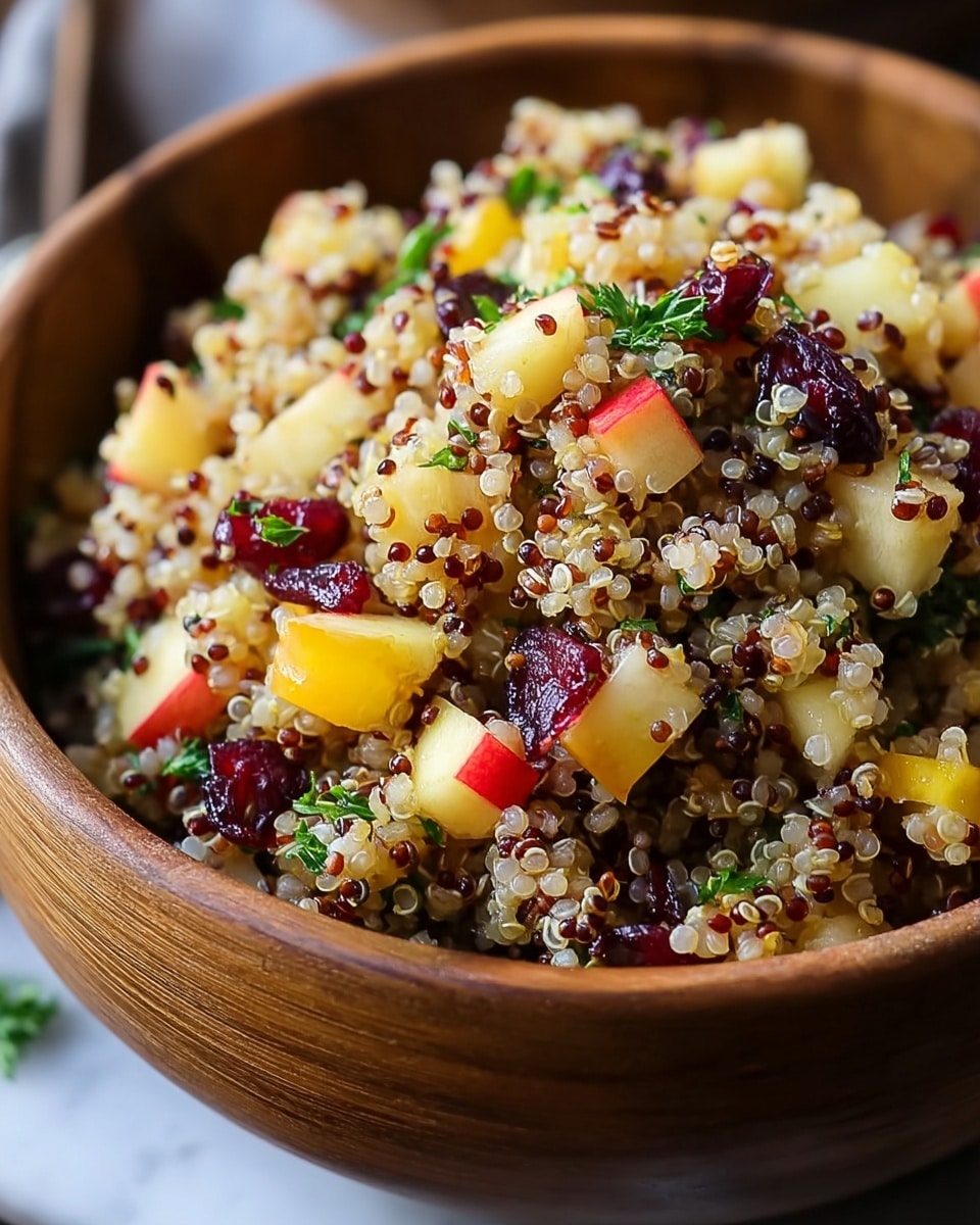 A wooden bowl filled with a colorful quinoa salad, showing about three layers mixed together: the base layer is light golden quinoa grains with a slightly translucent texture; the middle layer has small cubes of pale yellow and red apple pieces with smooth skin; the top layer is dotted with dark red dried cranberries and scattered bright green parsley leaves adding freshness. The bowl sits on a white marbled surface, and a metal spoon with a shiny rounded handle is placed nearby. Photo taken with an iphone --ar 4:5 --v 7