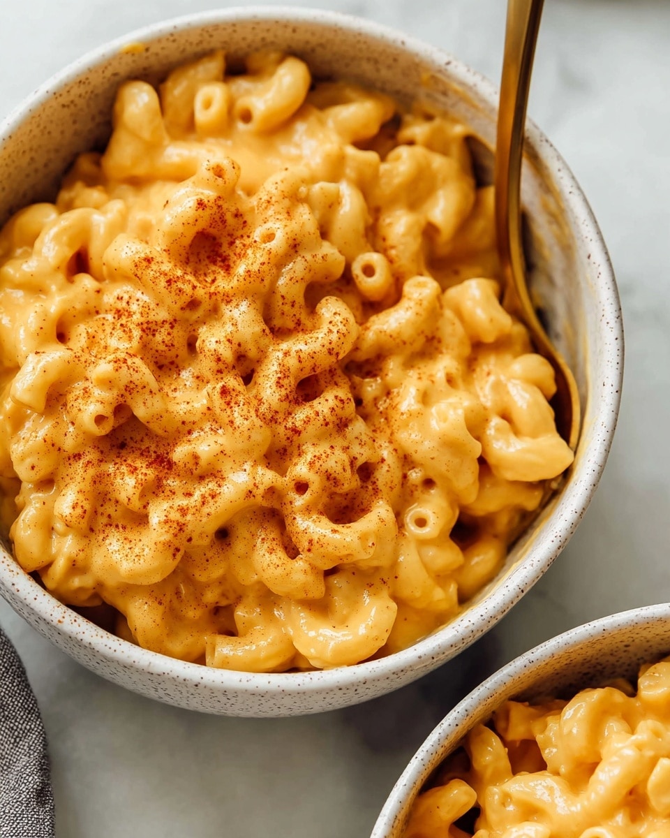 A close-up view of a white speckled bowl filled with creamy macaroni and cheese showing one layer of elbow macaroni coated in smooth, thick orange cheese sauce. The top surface is lightly dusted with reddish-brown seasoning. A golden spoon is stuck in the right side of the bowl, partially submerged in the cheesy pasta. The bowl is placed on a white marbled surface with parts of a napkin and another bowl visible blurred in the background. photo taken with an iphone --ar 4:5 --v 7