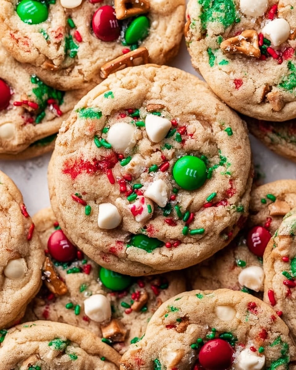A close-up view of several round cookies stacked together, each cookie showing a textured surface filled with colorful red and green candy pieces, small white chocolate chips, and broken pretzel bits scattered throughout. The cookies have a light golden brown color with red and green sprinkles dotted on top, giving a festive look. The background is a white marbled surface. photo taken with an iphone --ar 4:5 --v 7
