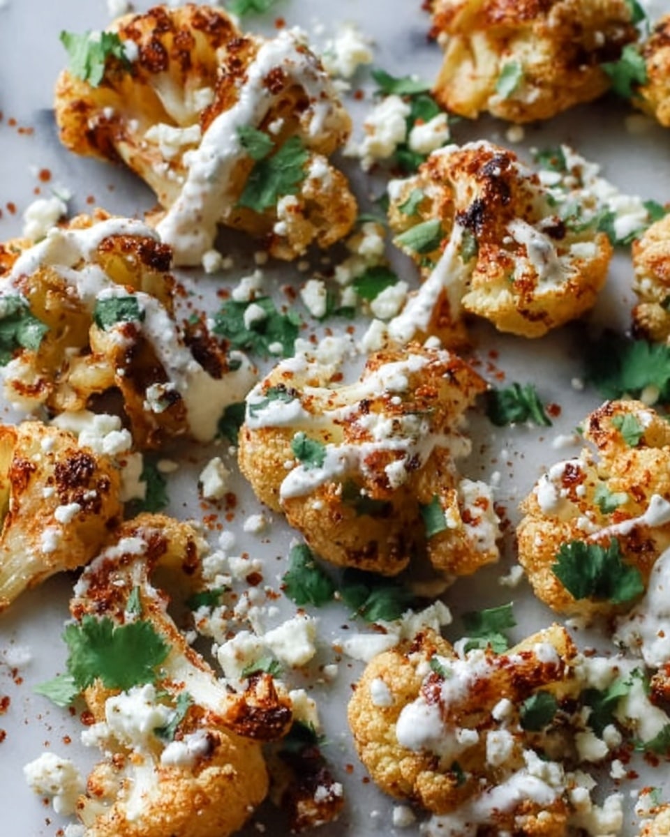 This image shows many pieces of roasted cauliflower on a white marbled surface. Each cauliflower piece is golden brown with a crispy texture from roasting. They are topped with creamy white sauce drizzled unevenly over the pieces. Small bits of white crumbly cheese are scattered on and around the cauliflower. Bright green fresh cilantro leaves are sprinkled for color and freshness. A light reddish spice powder is dusted lightly over the dish giving extra color and texture. photo taken with an iphone --ar 4:5 --v 7
