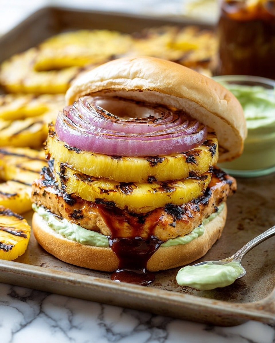A close-up of a sandwich on a white bun with a bottom layer of grilled chicken patty that has charred grill marks and a golden brown color, topped with a round slice of grilled pineapple with dark grill lines and a shiny glaze dripping down. Above the pineapple is a thick slice of grilled red onion, showing clear char marks and a slightly translucent texture. The top bun has a smooth spread of green avocado sauce. The sandwich sits on a beige baking sheet with additional grilled pineapple rings and a small dollop of avocado sauce on the side with a silver spoon. The background surface is a white marbled texture. photo taken with an iphone --ar 4:5 --v 7