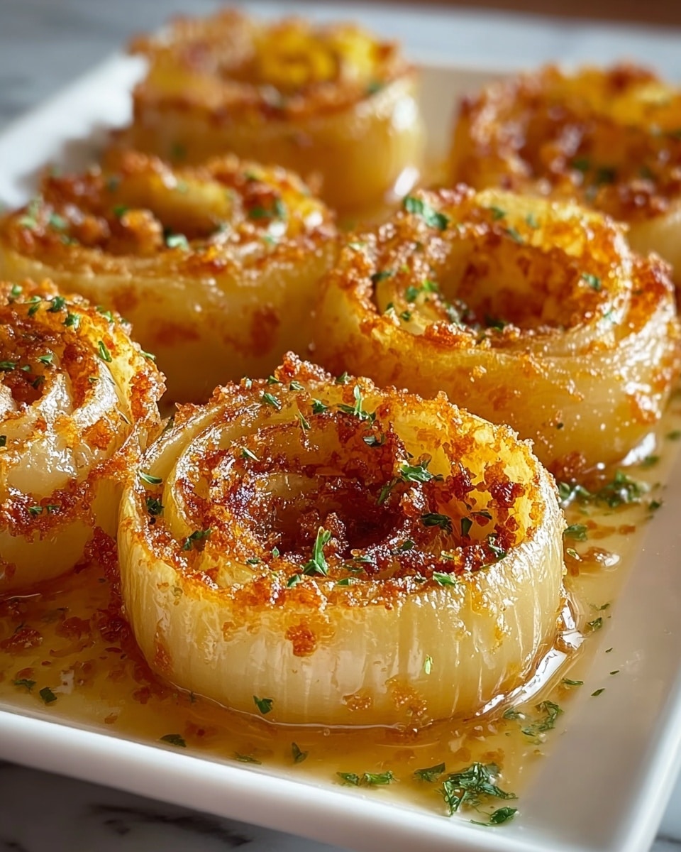 The image shows several golden brown fried onion rings arranged closely on a white rectangular dish. Each onion ring is made of multiple thin layers of translucent yellow-brown onion, fried to a crisp texture with darker browned edges and small bits of crunchy coating on the surface. The rings sit in a shallow pool of light brown oil or sauce and are topped with small pieces of finely chopped green herbs evenly sprinkled across all rings. The photo has a soft focus on some rings in the front while the others blur gently into the background, with a white marbled texture surface barely visible underneath the dish. Photo taken with an iphone --ar 4:5 --v 7