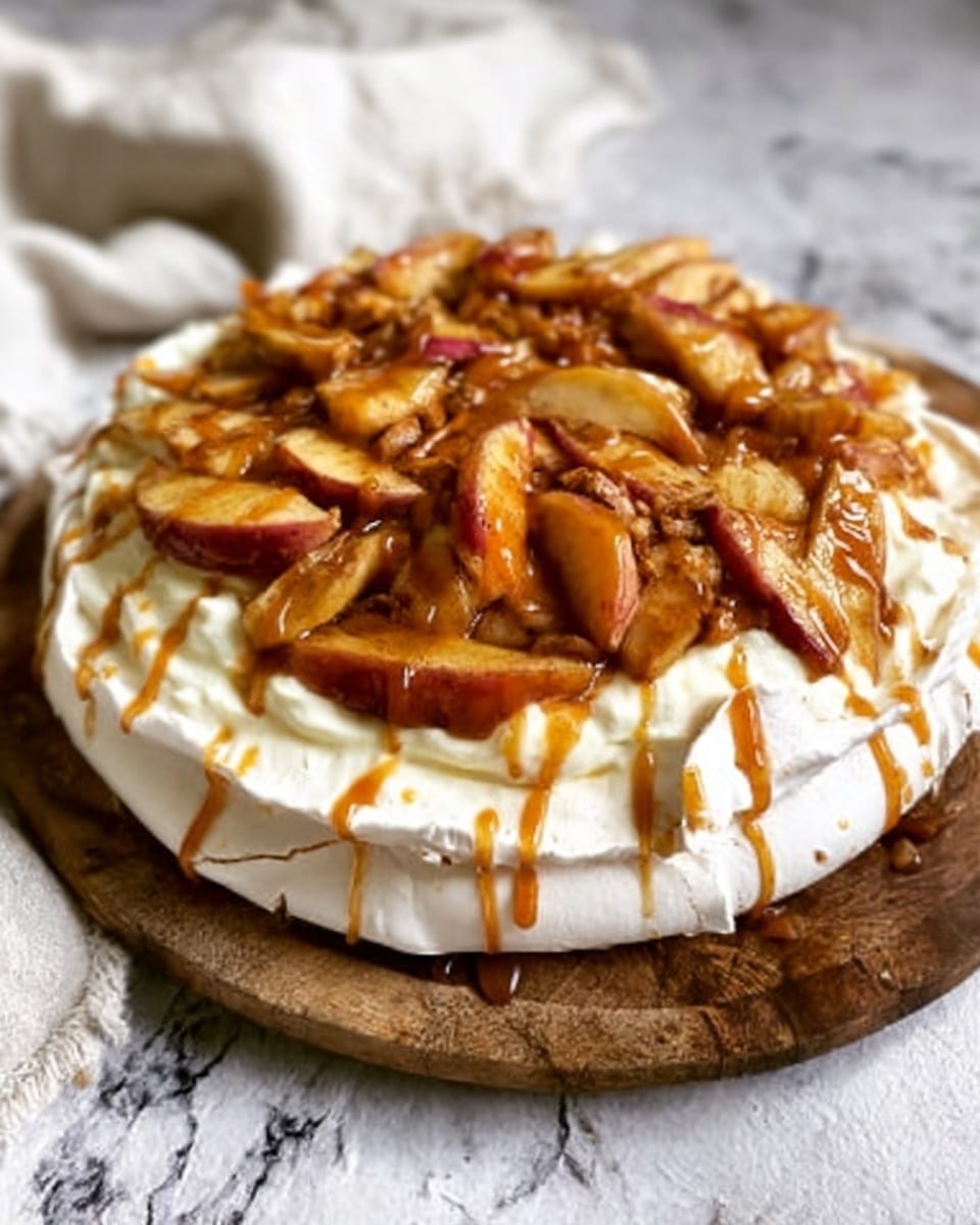 A white round pavlova sits on a wooden board, topped with a thick layer of creamy white whipped cream that forms soft peaks around the edges. On top of the cream, there is a generous layer of sliced caramelized apples with a golden-brown color, glistening with syrup. The apples are arranged irregularly but cover most of the surface. The dessert is drizzled with rich caramel sauce, creating thin, shiny lines across the top and down the sides. The wooden board rests on a white marbled surface, and a white cloth is slightly visible in the background. photo taken with an iphone --ar 4:5 --v 7