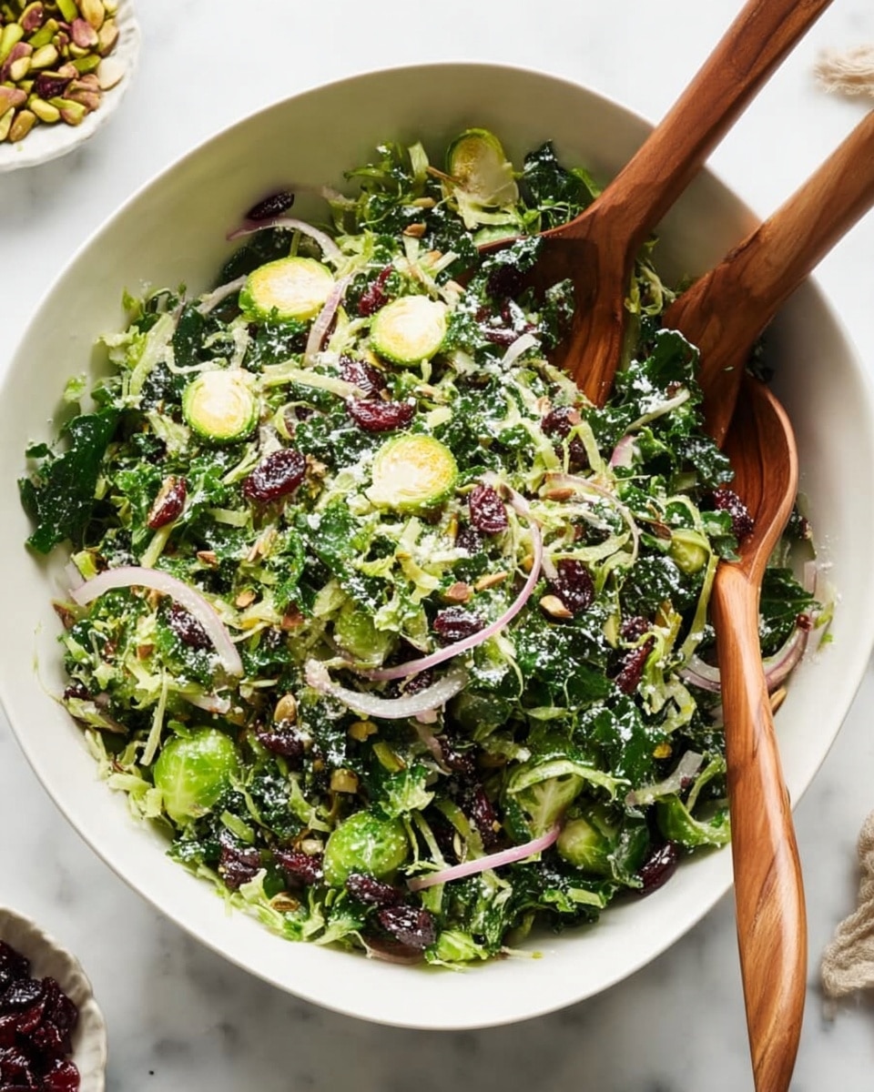 A large white bowl filled with a fresh green salad piled high, showing three distinct layers of finely shredded dark green kale and bright green Brussels sprouts as the base, mixed with thinly sliced purple-red onion rings scattered evenly on top. Light green slices of Brussels sprouts add round shapes and texture, while golden brown toasted nuts are spread throughout. Small bits of dark red dried cranberries provide a splash of color against the greens. The salad appears slightly coated with a creamy dressing giving a light shine. Two wooden salad spoons are placed in the bowl, one held by a woman's hand, blending the ingredients gently. The bowl sits on a white marbled textured surface with small bowls of extra salad ingredients faintly visible nearby, photo taken with an iphone --ar 4:5 --v 7