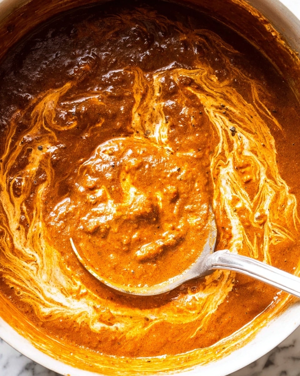 A close-up view of a thick, creamy stew with a rich dark brown base layer swirled with a lighter orange creamy sauce. The stew has a slightly chunky texture with visible bits of meat or vegetables, and the cream creates a marbled effect on the surface. A metal ladle with a shiny handle rests inside, partially submerged in the stew, showing a scoop with a mix of the dark brown and creamy orange layers. The background is a white marbled texture. Photo taken with an iphone --ar 4:5 --v 7