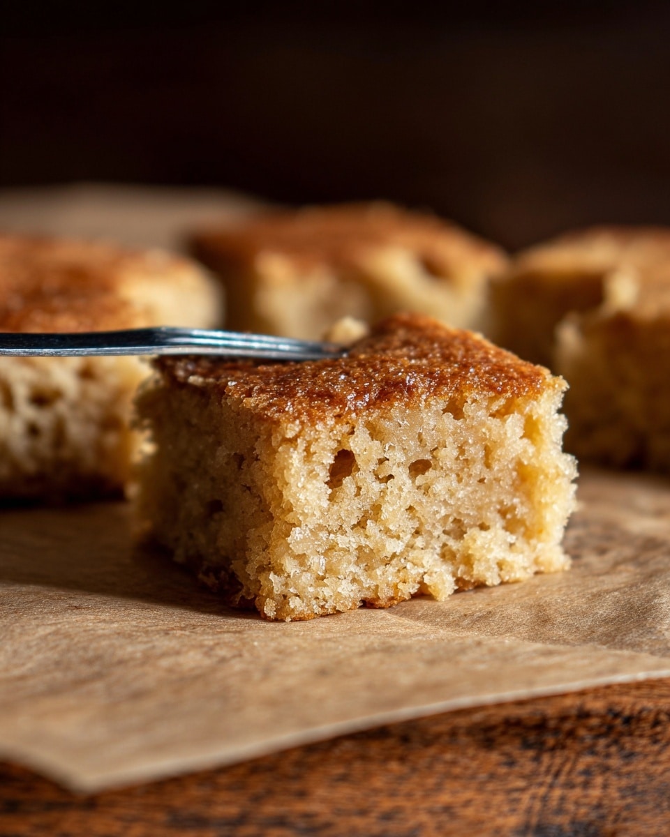 The image shows a close-up of a soft, crumbly square piece of light brown cake with a slightly rough texture and small air holes, resting on a piece of parchment paper over a wooden surface. The cake piece is held gently by a silver fork from the left side, with more similar cake pieces blurred in the background. The lighting highlights the moist and tender inside of the cake with a golden crust on top. The photo has a shallow depth of field with a dark, blurry background and warm tones. Photo taken with an iphone --ar 4:5 --v 7