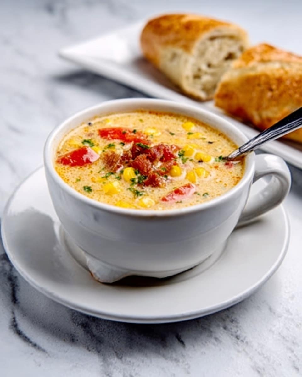 A white cup filled with a creamy soup that has a light yellow color, topped with small red, yellow, and green vegetable pieces, showing a mix of soft and chunky textures. A black spoon is inside the cup, resting on the soup surface. The cup sits on a white plate with a long handle, placed on a white marbled texture surface. In the background, there is a piece of cut brown bread on a white plate. A woman's hand is gently holding the handle of the cup. photo taken with an iphone --ar 4:5 --v 7