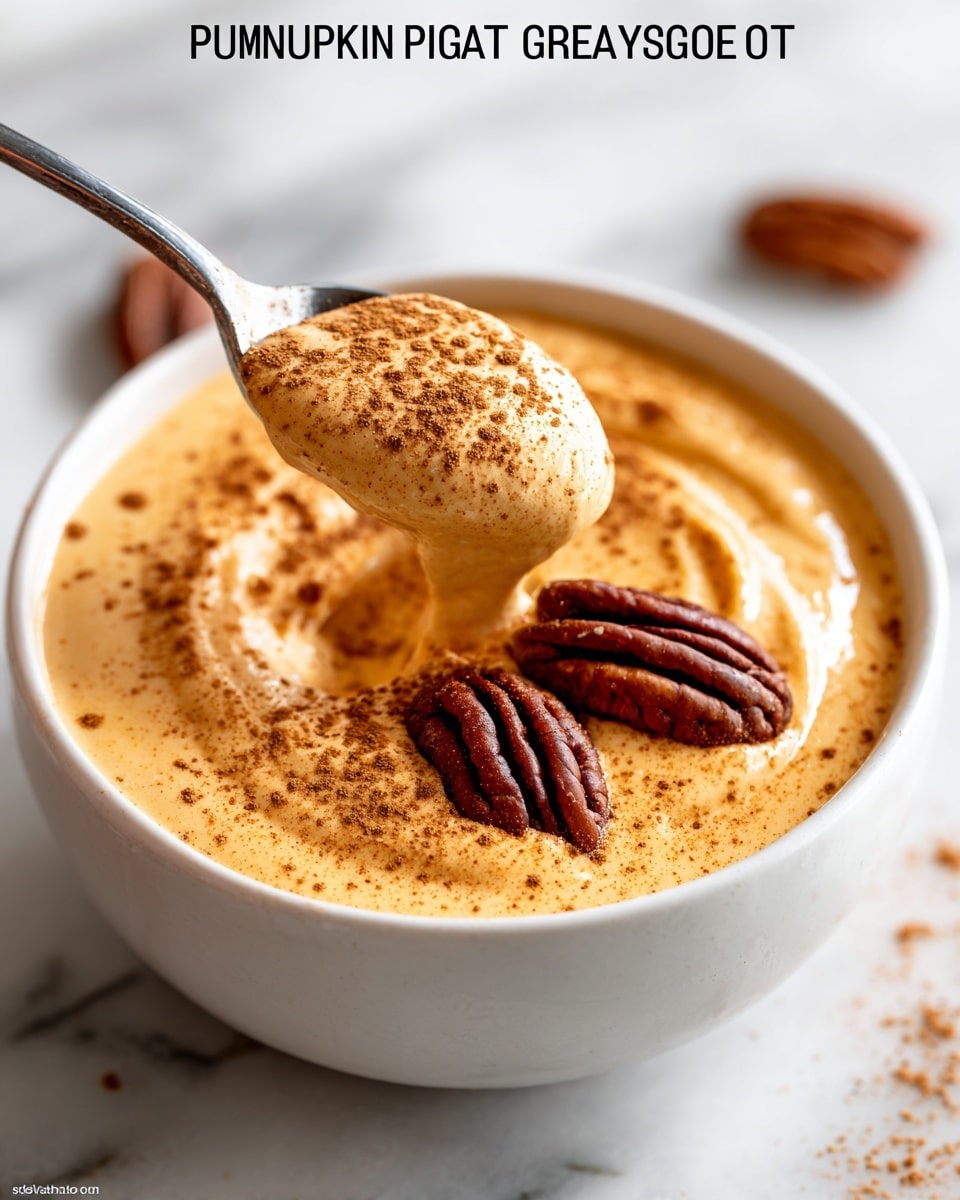 A white bowl sits on a white marbled surface, filled with smooth, creamy light orange pumpkin pie Greek yogurt. The yogurt has a fine layer of brown cinnamon powder sprinkled evenly on top, creating a soft textured look. Three whole pecan nuts, dark brown with a wrinkled texture, rest on the surface of the yogurt, spaced apart. A silver spoon is scooping up a thick dollop of yogurt with cinnamon sprinkled on it from the edge of the bowl. The background is softly blurred, keeping focus on the bowl and spoon. photo taken with an iphone --ar 4:5 --v 7