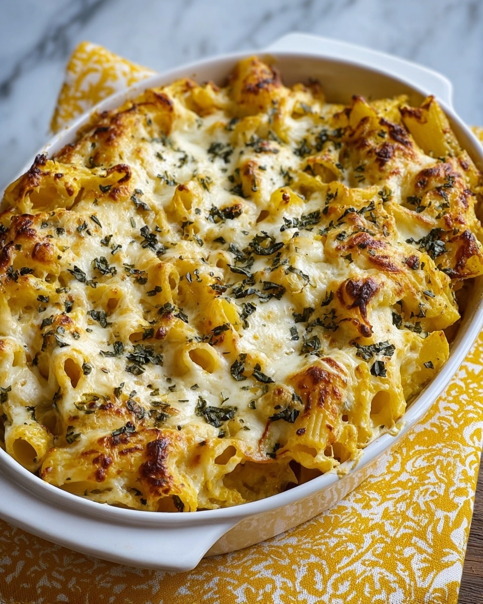 A large oval white dish filled with a baked pasta casserole showing about two layers of short tube-shaped pasta mixed with a creamy yellow sauce and topped with melted white cheese. The top layer of cheese is browned with golden spots, with scattered dark green herb leaves on top for garnish. The casserole has a slightly rough texture from the melted cheese and herbs, and the white dish sits on a yellow patterned cloth over a white marbled surface. Photo taken with an iphone --ar 4:5 --v 7