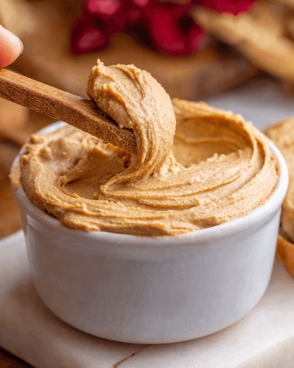A white small bowl filled with smooth, thick, light brown peanut butter, with a swirl pattern on top showing creamy texture; a woman's hand is holding a wooden spoon with a scoop of peanut butter above the bowl. The background is a white marbled surface with some blurred brown crackers and a red object nearby. photo taken with an iphone --ar 4:5 --v 7