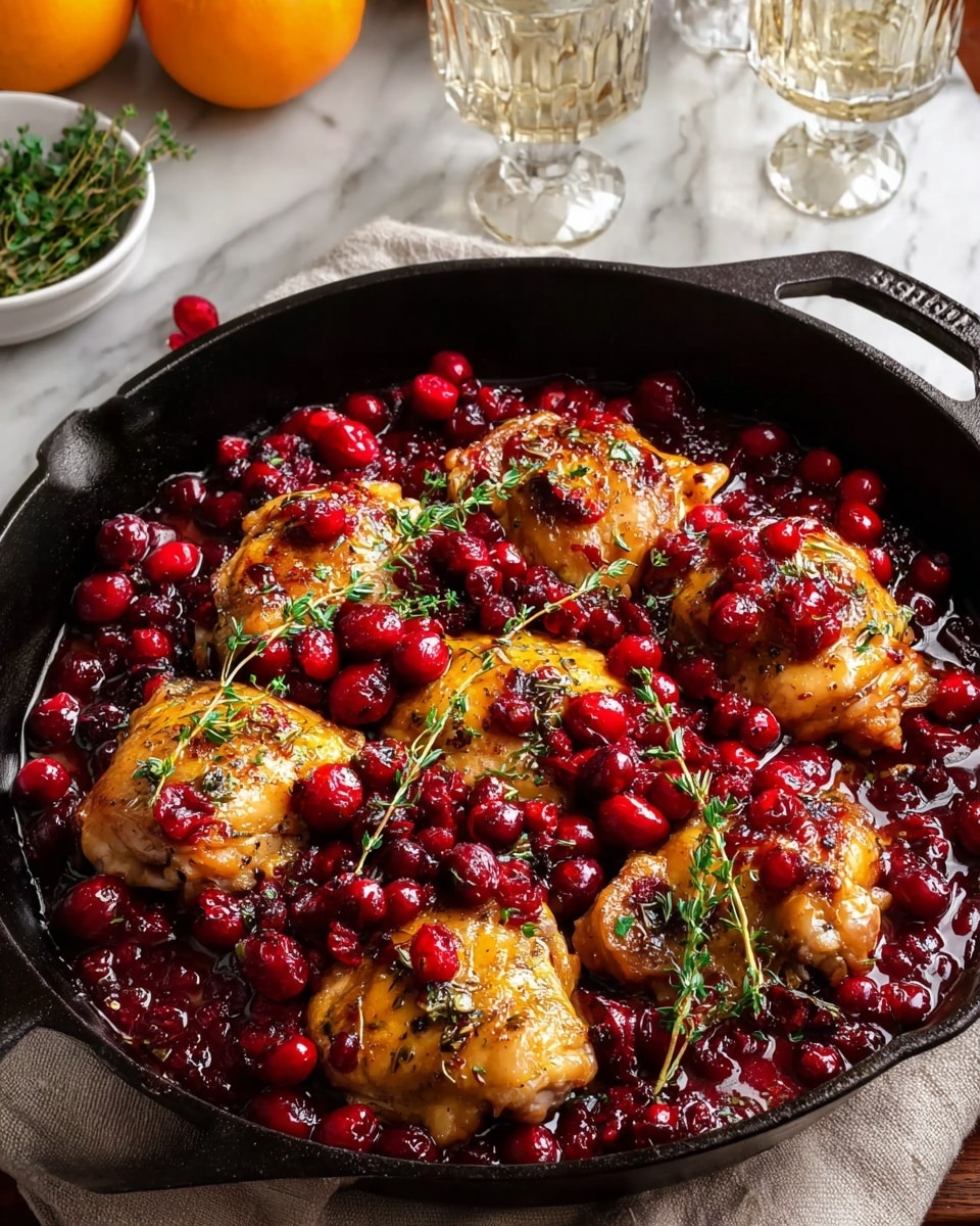 A black cast iron skillet filled with five golden brown cooked chicken thighs arranged in a circle, each topped with bright red cranberry sauce and sprinkled with small green herb leaves. The skillet also contains many whole cranberries and more sauce around the chicken, with fresh green sprigs of thyme laid on top. The skillet sits on a white cloth over a white marbled surface. In the background, there is a white bowl with green herbs, two clear drinking glasses, and a halved orange. Photo taken with an iphone --ar 4:5 --v 7