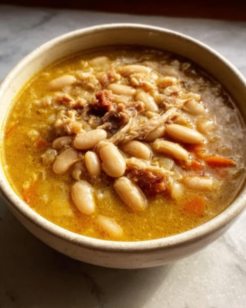 A white bowl filled with a thick soup that has creamy light brown broth. Inside the soup, there are many white beans and shredded pieces of meat in light brown color. The soup looks warm and hearty, with some small chunks floating on top. The bowl is placed on a white marbled surface. Photo taken with an iphone --ar 4:5 --v 7