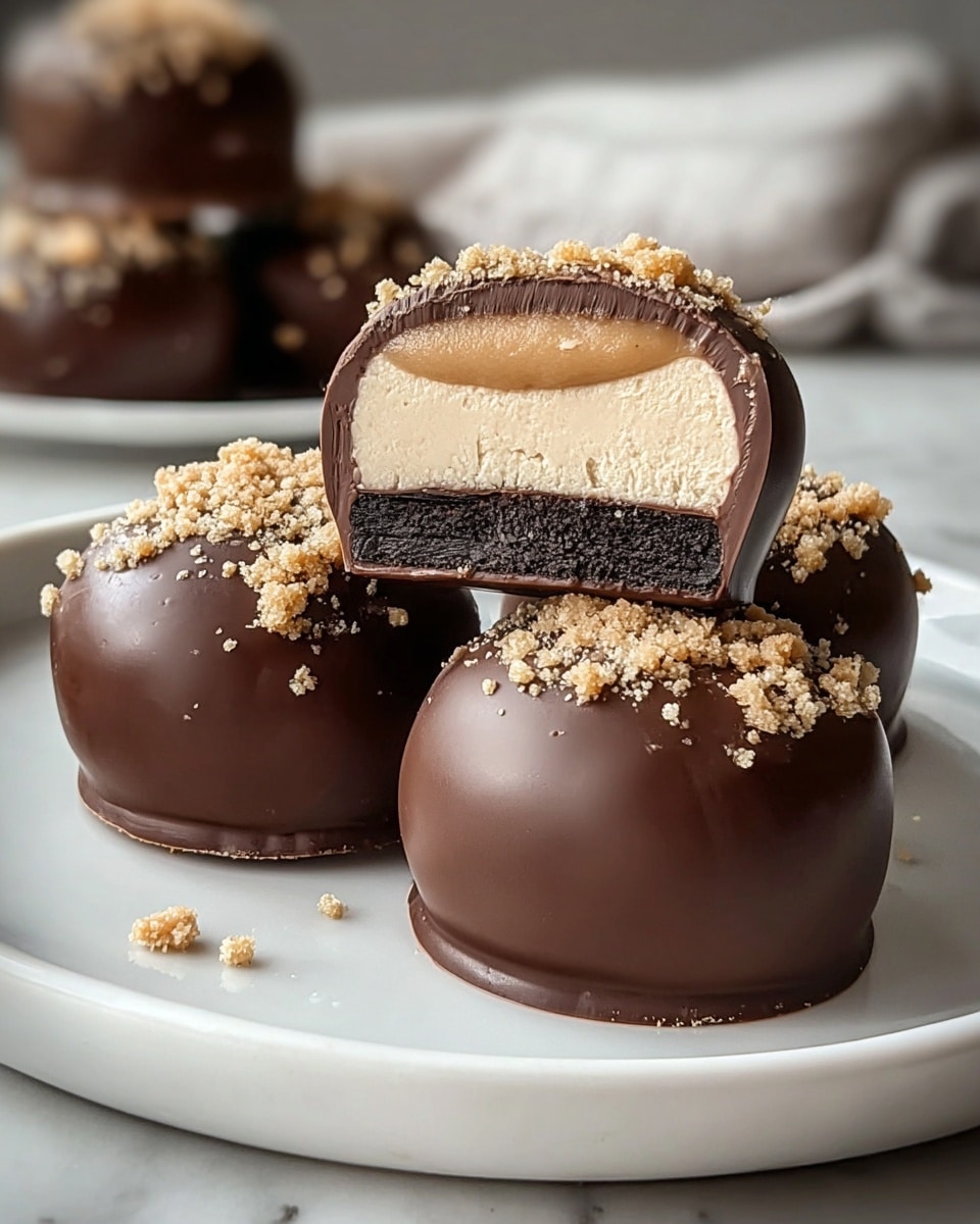 The image shows four smooth, round chocolates on a white plate with a white marbled background. Each chocolate is covered in a milk chocolate layer and topped with crumbly beige nuts or cookie bits. One chocolate is cut in half and placed on top of another, revealing three layers inside: a thin dark chocolate base, a thick creamy beige middle layer with a smooth texture, and a thin outer milk chocolate coating. The top crumbly bits add texture contrast. Photo taken with an iphone --ar 4:5 --v 7