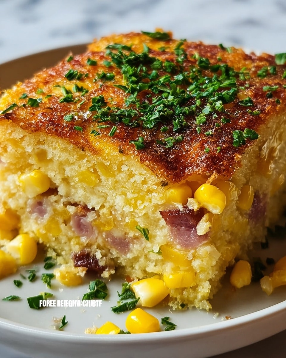 A close-up of a thick square slice of casserole with a golden brown crispy top layer sprinkled with green chopped herbs. Below the crust is a thick creamy layer with visible yellow corn kernels and small chunks of ham scattered throughout. The texture looks soft and moist with a slightly crumbly edge. The dish is placed on a white plate with some chopped herbs sprinkled around it on a white marbled surface. Photo taken with an iphone --ar 4:5 --v 7