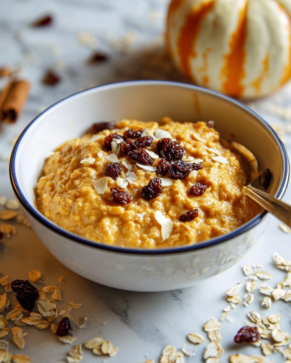 The image shows a bowl of bright orange pumpkin oatmeal with a thick and creamy texture, topped with scattered dark brown raisins and light beige oat flakes on top, creating a contrast of colors and textures. The oatmeal fills most of the white bowl with a slight blue rim, sitting on a white marbled surface sprinkled with extra oat flakes and raisins around it. A silver spoon is placed inside the bowl on the right side. In the background, faintly visible, are a white and orange pumpkin and a blurred container. photo taken with an iphone --ar 4:5 --v 7